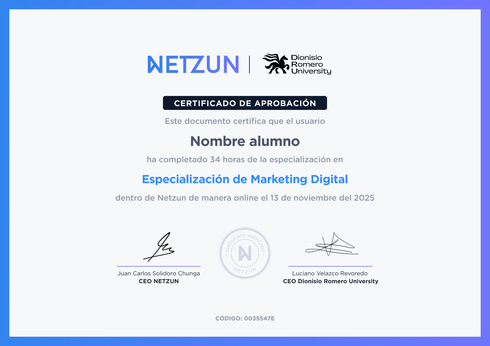 Modelo de certificado opcional de nuestro curso